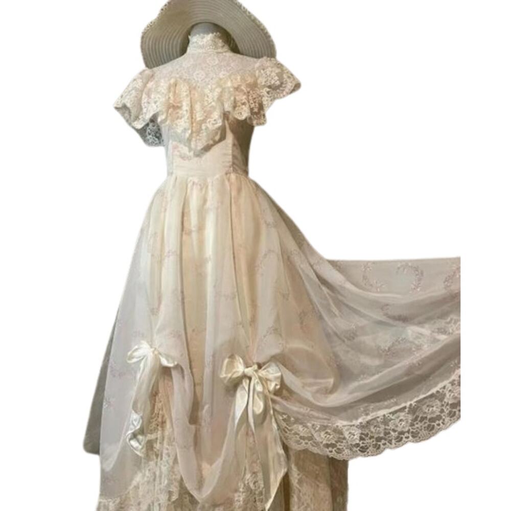 Vintage 80s Gunne Sax Jessica McClintock Lace Prairie Wedding Prom Maxi Dress 11